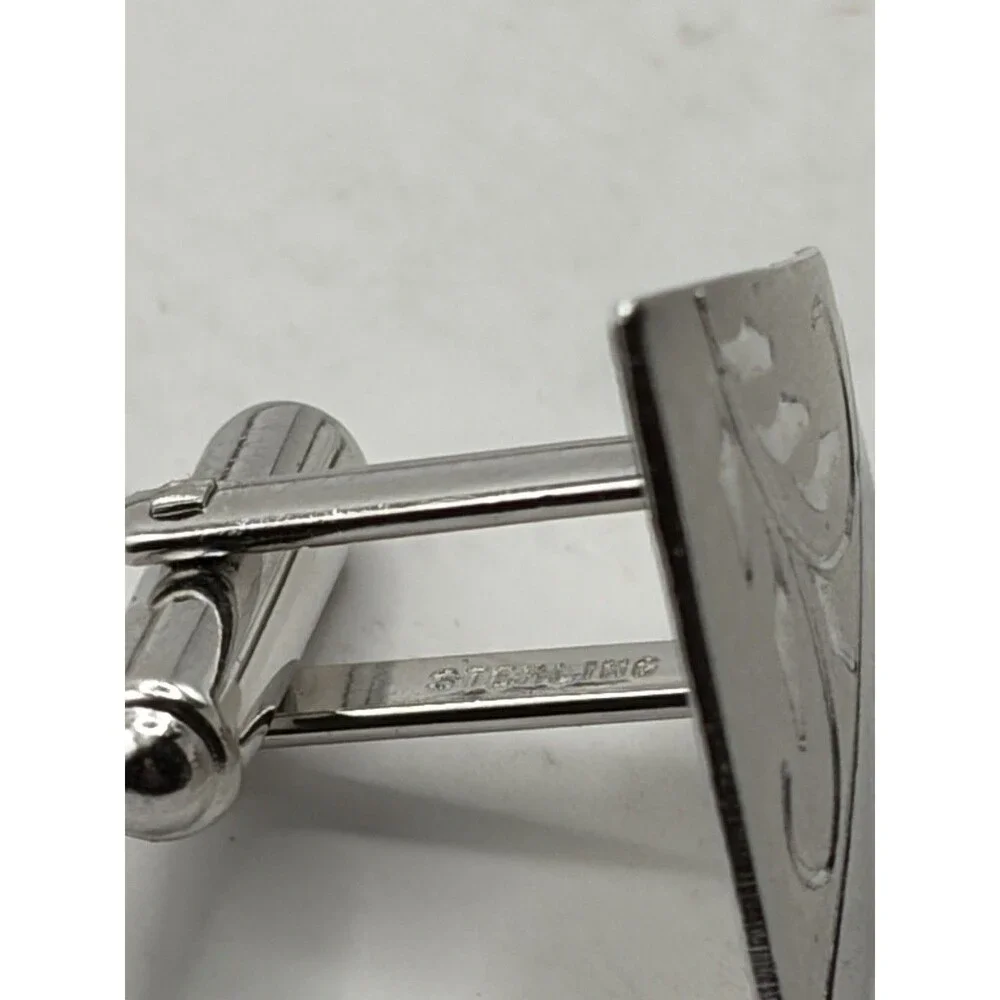 Sterling Silver Mid Century Scroll Engraved Triangle Cufflinks. 925